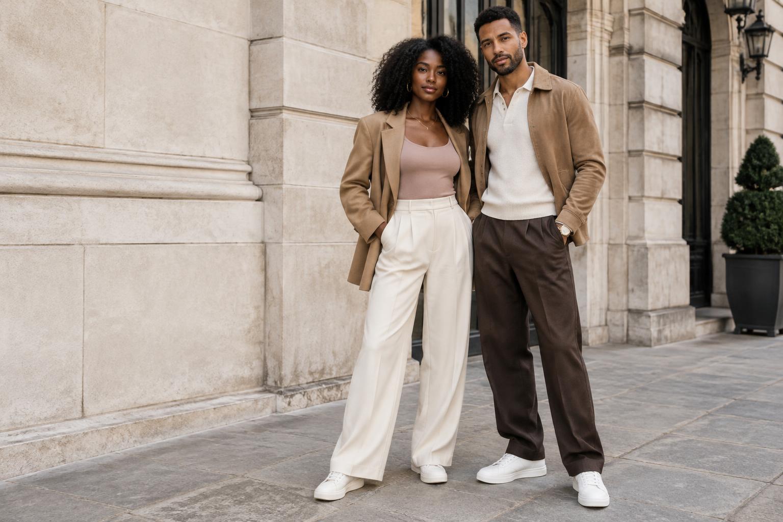 Styledly editorial couple: a Black woman and biracial man in cream and camel elevated streetwear